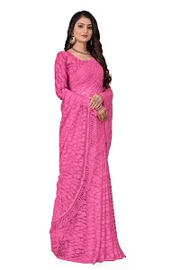 Women?s Embroidered Net Fabric Designer Saree With Blouse Piece (Pink)-thumb3