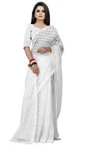 Women?s Embroidered Net Thraed Work Saree With Unstitched Matching Blouse Piece (White)-thumb3