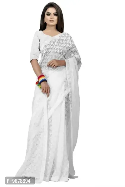 Women?s Embroidered Net Thraed Work Saree With Unstitched Matching Blouse Piece (White)-thumb4