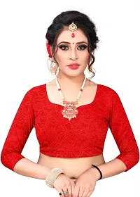 Women?s Embroidered Net Fabric Work Saree With Unstitched Matching Blouse Piece (Red)-thumb3