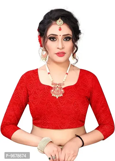 Women?s Embroidered Net Fabric Work Saree With Unstitched Matching Blouse Piece (Red)-thumb4