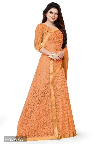 Women?s Embroidered Net Fabric Moti Work Saree With Unstitched Matching Blouse Piece (Mustard)-thumb4