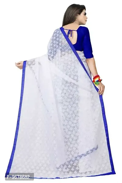 Women?s Embroidered Net Thraed Work Saree With Unstitched Matching Blouse Piece (White&Blue)-thumb2