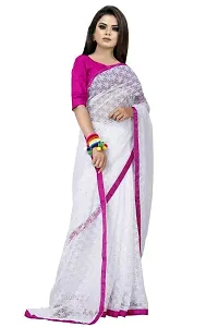 Women?s Embroidered Net Thraed Work Saree With Unstitched Matching Blouse Piece (White&Pink)-thumb3