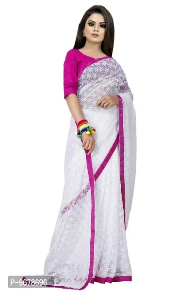 Women?s Embroidered Net Thraed Work Saree With Unstitched Matching Blouse Piece (White&Pink)-thumb4