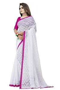 Women?s Embroidered Net Thraed Work Saree With Unstitched Matching Blouse Piece (White&Pink)-thumb2