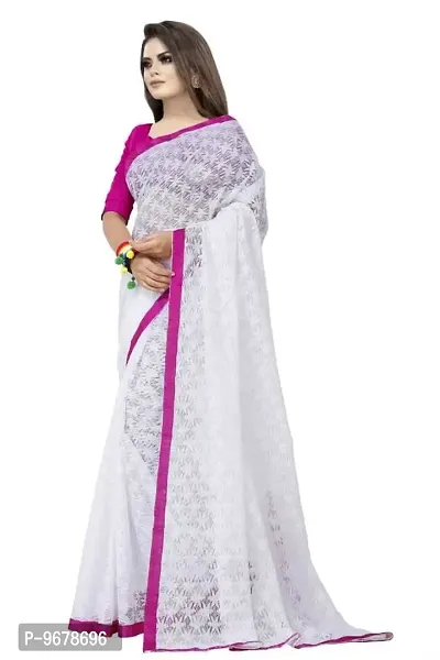 Women?s Embroidered Net Thraed Work Saree With Unstitched Matching Blouse Piece (White&Pink)-thumb3