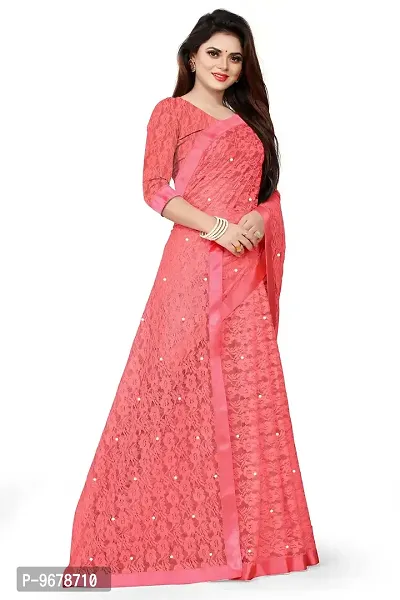 Women?s Embroidered Net Fabric Moti Work Saree With Unstitched Matching Blouse Piece (Peach)-thumb2