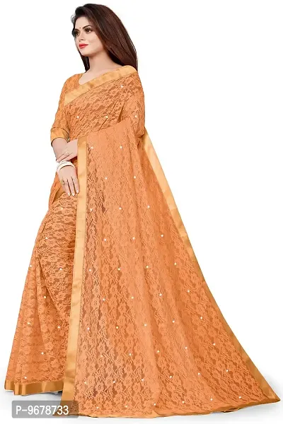 Women?s Embroidered Net Fabric Moti Work Saree With Unstitched Matching Blouse Piece (Mustard)-thumb3