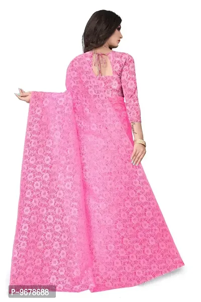 Women?s Embroidered Net Fabric Work Saree With Unstitched Matching Blouse Piece (Pink)-thumb2