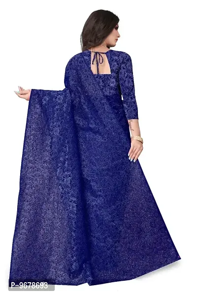 Women?s Embroidered Net Fabric Work Saree With Unstitched Matching Blouse Piece (Blue)-thumb2