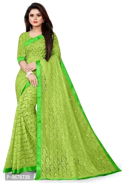 Women?s Embroidered Net Fabric Moti Work Saree With Unstitched Matching Blouse Piece (Light Green)-thumb0