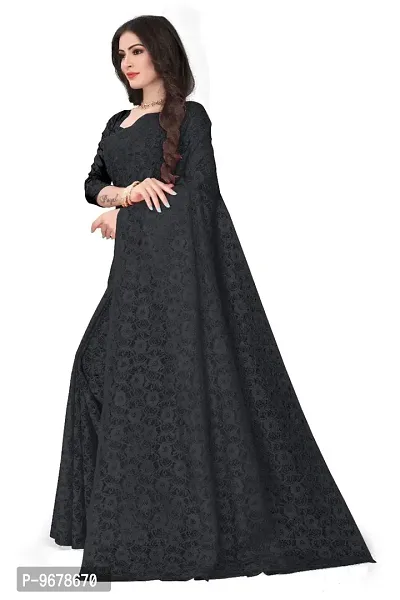 Women?s Embroidered Net Fabric Work Saree With Unstitched Matching Blouse Piece (Black)-thumb3