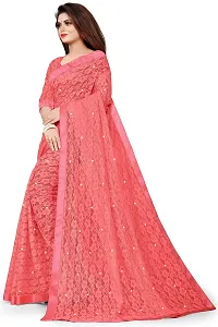 Women?s Embroidered Net Fabric Moti Work Saree With Unstitched Matching Blouse Piece (Peach)-thumb4