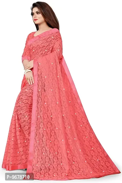 Women?s Embroidered Net Fabric Moti Work Saree With Unstitched Matching Blouse Piece (Peach)-thumb5