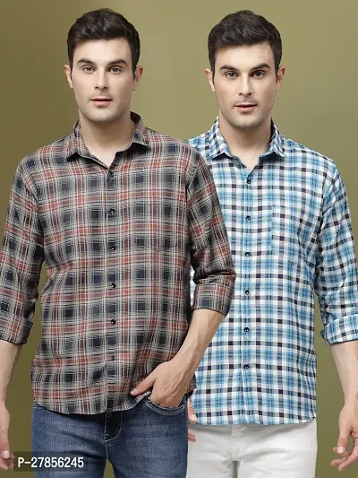 Stylish Multicoloured Polycotton Checked Long Sleeves Casual Shirts For Men Pack Of 2-thumb0
