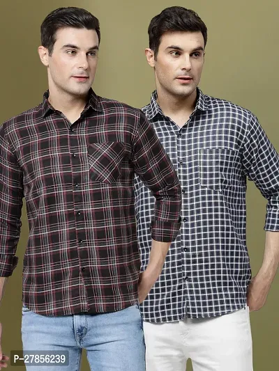 Stylish Multicoloured Polycotton Checked Long Sleeves Casual Shirts For Men Pack Of 2-thumb0