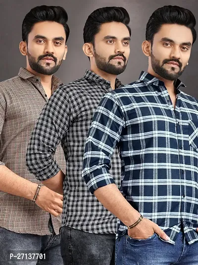 Stylish Multicoloured Polycotton Checked Long Sleeves Casual Shirt For Men Pack Of 3-thumb0