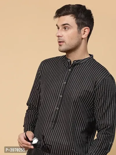 Men's Black Cotton Striped Short Length Kurta