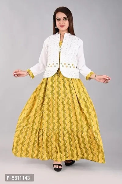 Elegant Yellow Rayon Printed Kurta with Jacket Set For Women-thumb0