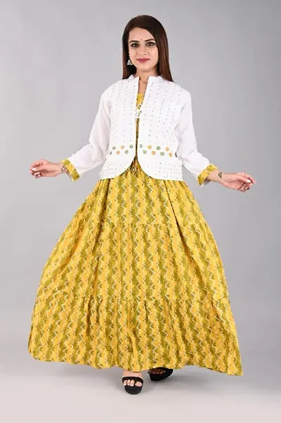 Elegant Yellow Rayon Printed Kurta with Jacket Set For Women