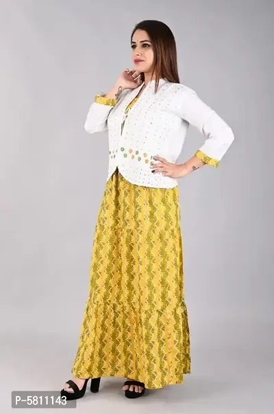 Elegant Yellow Rayon Printed Kurta with Jacket Set For Women-thumb3