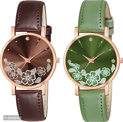Trex Brown And Green Unique Analog Watch For Women- Pack Of 2