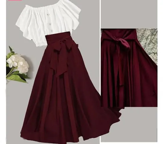 Trendy Flared Skirt With Off Shoulder Crop Top Set