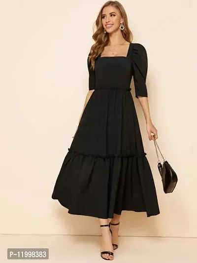 Trendy Flared Square Neck Black Maxi Dress-thumb3