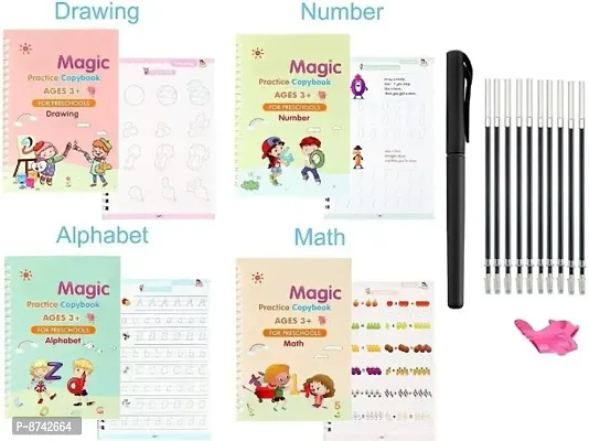 Practice Copybook, (4 BOOK + 10 REFILL) Number Tracing Book for Preschoolers with Pen, Magic Calligraphy Copybook Set Practical Reusable Writing Tool Simple Hand Lettering-thumb0