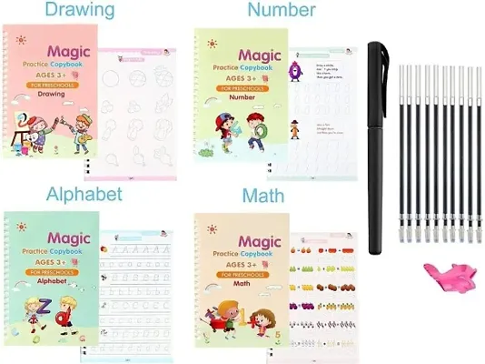 Practice Copybook, (4 BOOK + 10 REFILL) Number Tracing Book for Preschoolers with Pen, Magic Calligraphy Copybook Set Practical Reusable Writing Tool Simple Hand Lettering
