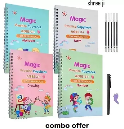 Sankosan Sank Magic Practice Copybook (4 Books, 10 Refill), Number Tracing Book for Preschoolers with Pen, Magic Calligraphy Copybook Set Practical Reusable Writing Tool Simple Hand Lettering Kids Ea