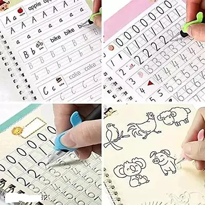 Sank Magic Practice Copybook (4 Books, Refill), Number Tracing Book for Preschoolers with Pen, Magic Calligraphy Copybook Set Practical Reusable Writing Tool Simple Hand Lettering