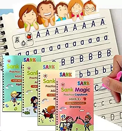 Practice Copybook, (4 BOOK+10 REFILL+1 Pen +1 Grip) Number Tracing Book for Preschoolers with Pen, Magic Calligraphy Copybook Set Practical Reusable Writing Tool Simple Hand Lettering