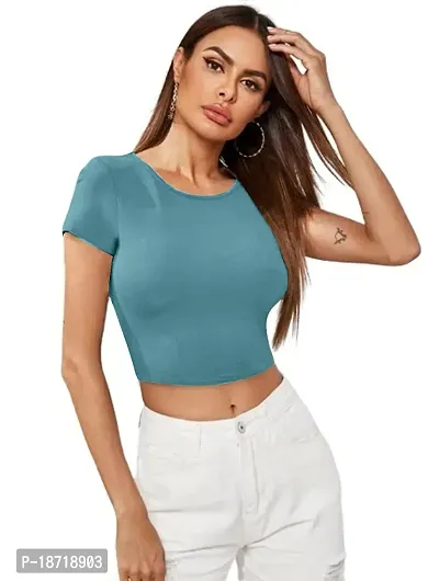 Maheshvi Dream Beauty Fashion Casual Short Sleeves Ribbed Round Neck Polyster Blend Crop Top (17 Inches) Pista -XL