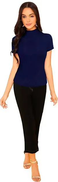 Stylish Solid Navy Blue Polyester Spandex Round Neck Tees For Women-thumb4