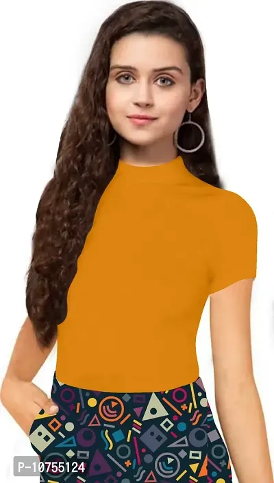 Stylish Solid Yellow Polyester Spandex Round Neck Tees For Women-thumb0