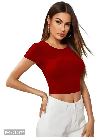 Maheshvi Ribbed Round Neck Polyester Blend Stylish Crop Tee (17 Inches)-thumb3