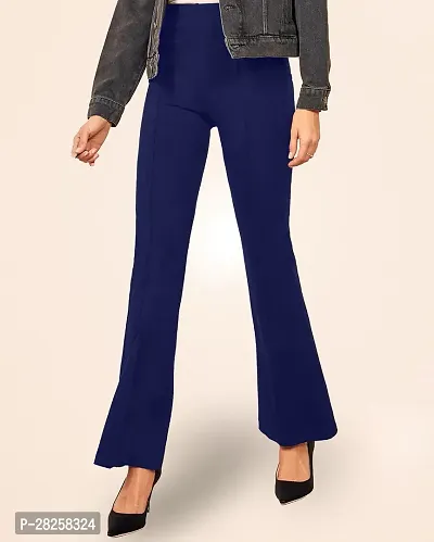 Stylish Navy Blue Polyester Solid Regular Fit Trousers For Women-thumb0