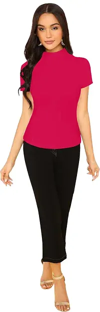 Stylish Solid Pink Polyester Spandex Round Neck Tees For Women-thumb3