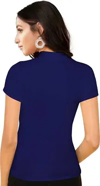 Stylish Solid Navy Blue Polyester Spandex Round Neck Tees For Women-thumb1