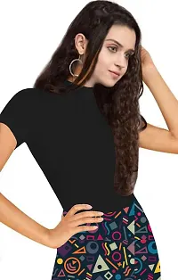 Stylish Solid Black Polyester Spandex Round Neck Tees For Women-thumb1