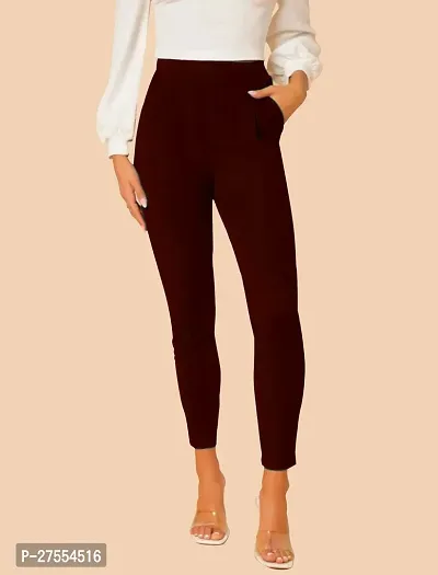 Elegant Maroon Polyester Solid Trousers For Women