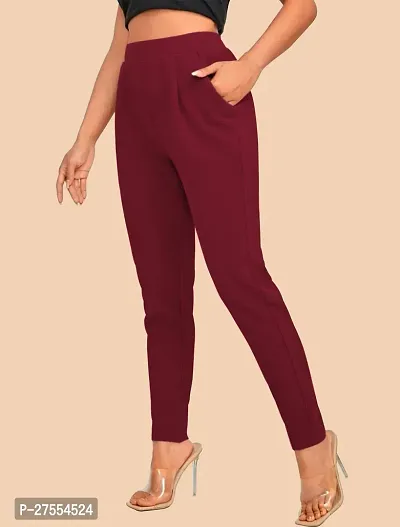 Elegant Maroon Polyester Solid Trousers For Women-thumb2