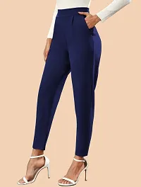 Elegant Navy Blue Polyester Solid Trousers For Women-thumb1