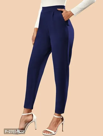 Elegant Navy Blue Polyester Solid Trousers For Women-thumb2