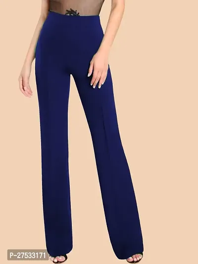 Elegant Navy Blue Polyester Solid Trousers For Women-thumb0