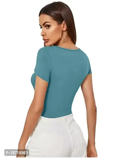 Maheshvi Dream Beauty Fashion Casual Short Sleeves Ribbed Round Neck Polyster Blend Crop Top (17 Inches) Pista -XL-thumb3