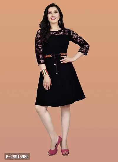 Casual American Crepe And Net Round-Neck Black Dresss For Women-thumb0