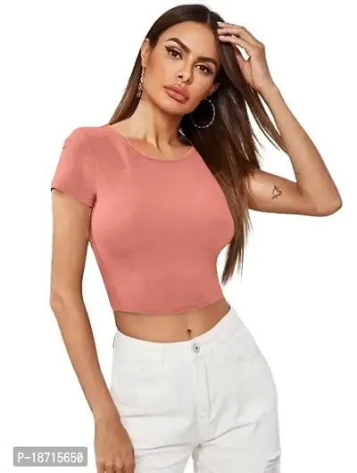 Maheshvi Dream Beauty Fashion Casual Short Sleeves Ribbed Round Neck Polyster Blend Crop Top (17 Inches)-thumb0